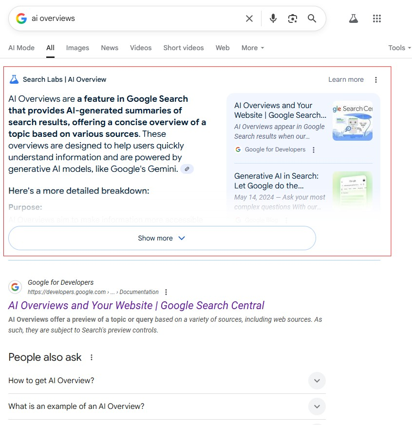 Google search screenshot showing an AI Overview, cited sources, organic result and People Also Ask section
