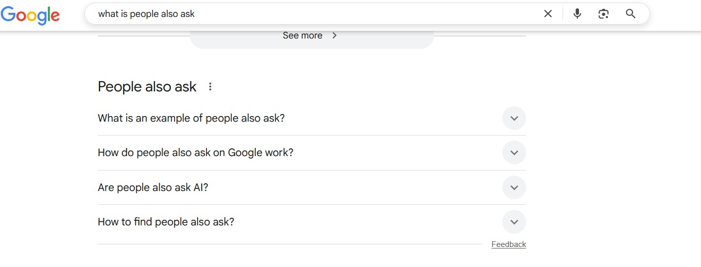 Google People Also Ask result showing four related questions